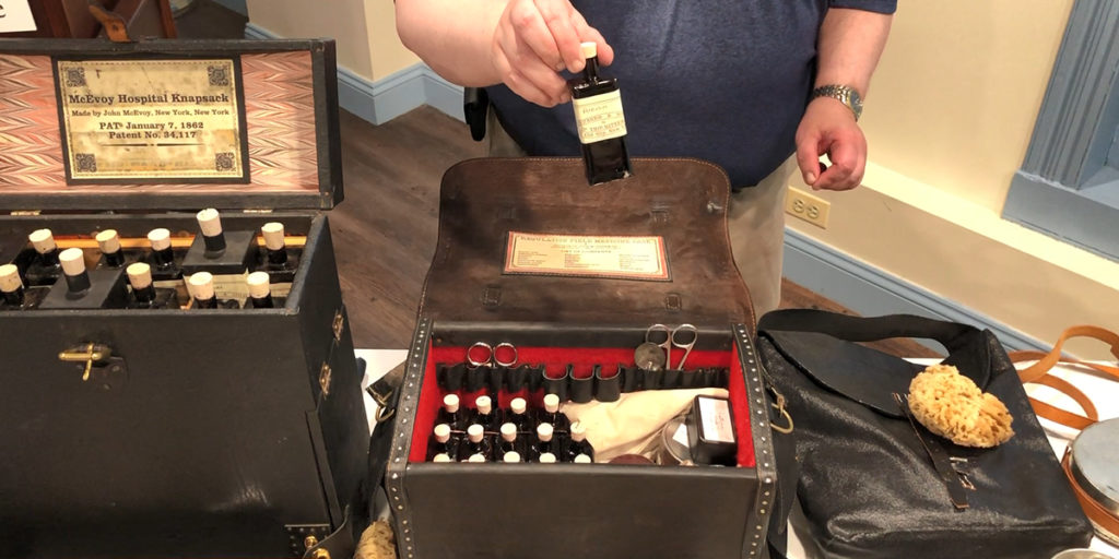 Close up of some of the medical kits used in he Civil War